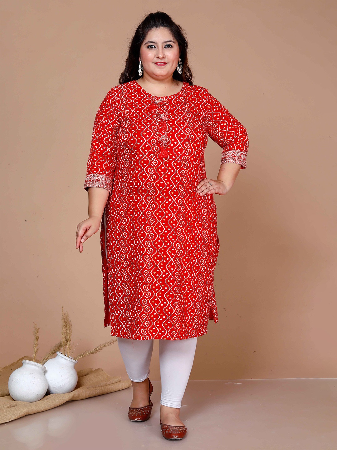 

MIRAVAN Plus Size Bandhani Printed Kurta, Red