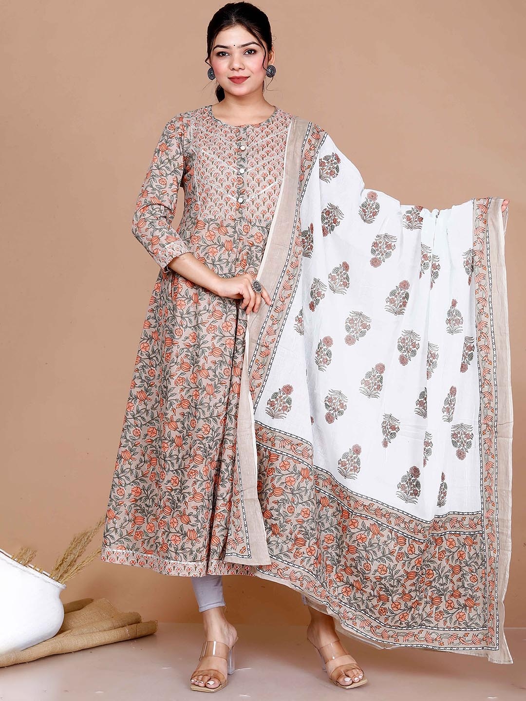 

MIRAVAN Floral Printed Cotton Anarkali Kurta With Dupatta, Brown