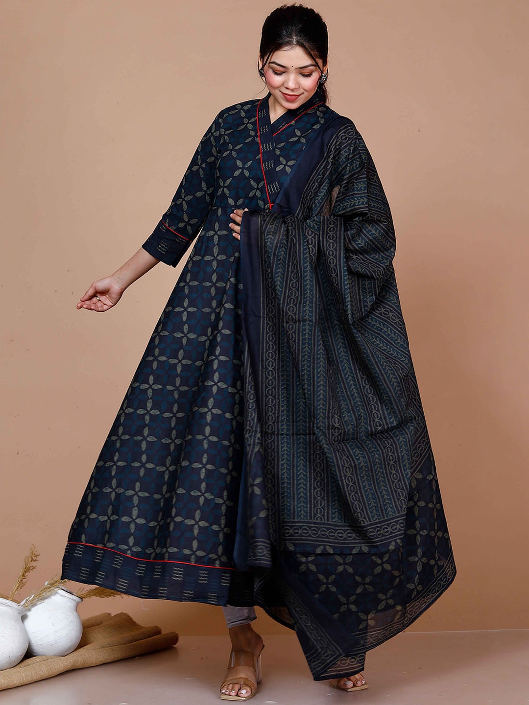 

MIRAVAN Ethnic Motifs Printed V-Neck Cotton Angrakha Anarkali Kurta With Dupatta, Blue
