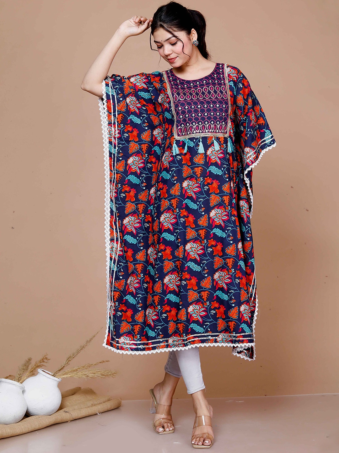 

MIRAVAN Floral Printed Sequined Cotton Kaftan Kurta, Navy blue