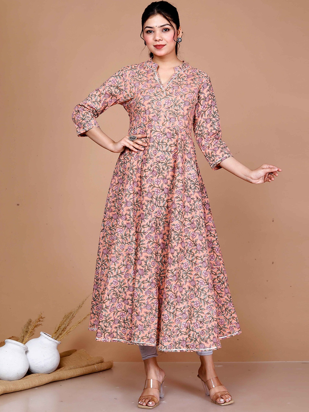 

MIRAVAN Ethnic Motifs Printed Mandarin Collar Cotton Anarkali Kurta, Orange