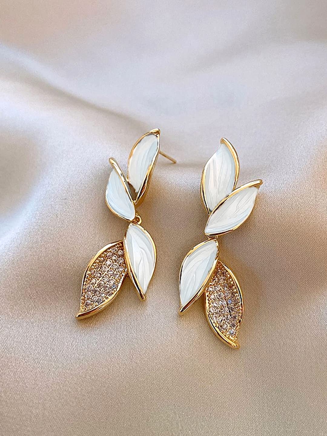 

Krelin Enamelled Leaf Shaped Zircon Studded Stud Earrings, Gold