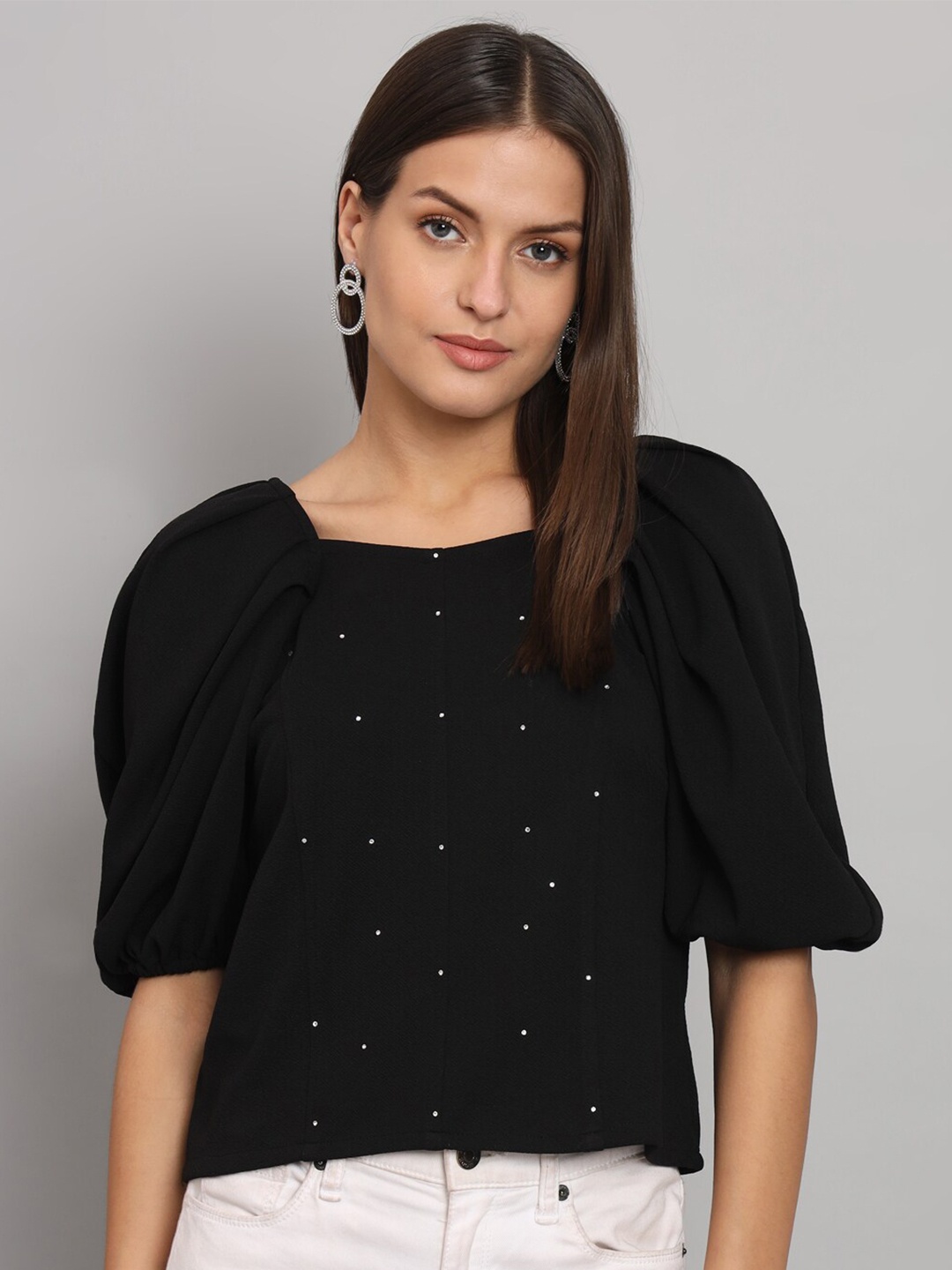 

urSense Embellished Sweetheart Neck Puff Sleeve Crop Regular Top, Black