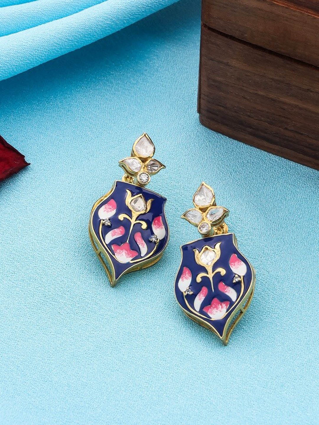 

Kicky And Perky 925 Sterling Silver Polki Moissanite Studded & Enamel Drop Earrings, Gold