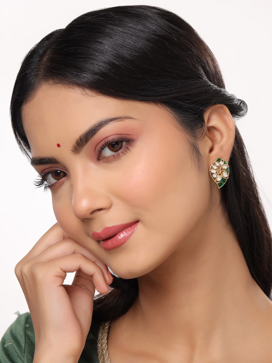 

925 Sterling Silver Talphe & Polki Moissanite Studded Stud Earring, Gold