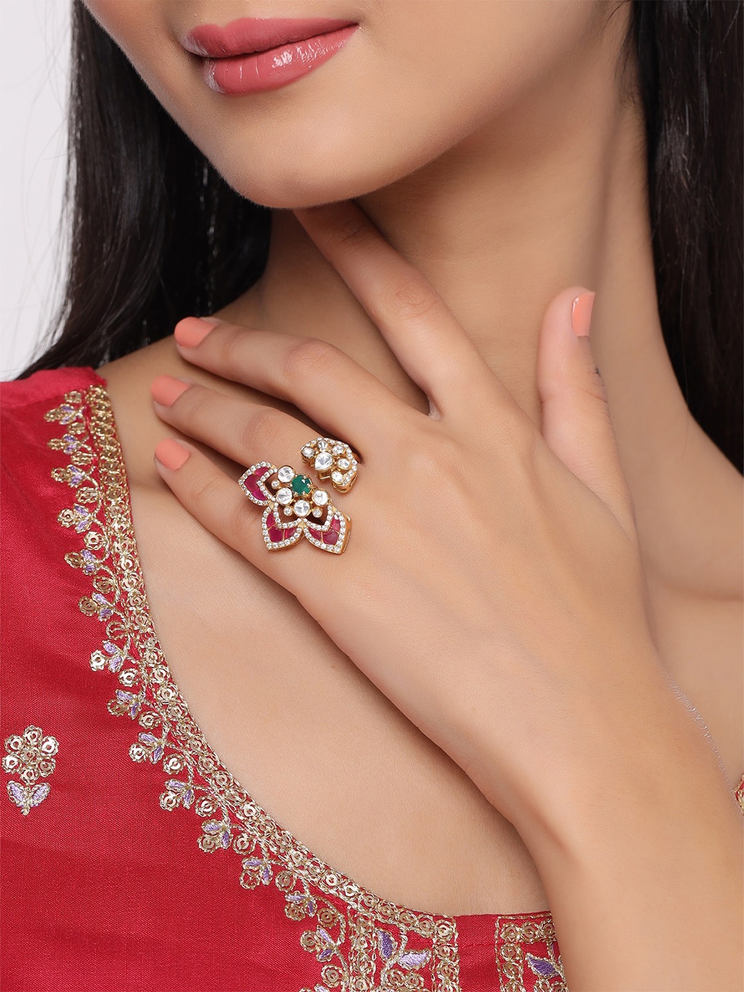 

Kicky And Perky 925 Sterling Silver Green Onyx & Polki Moissanite Studded Adjustable Ring, Gold