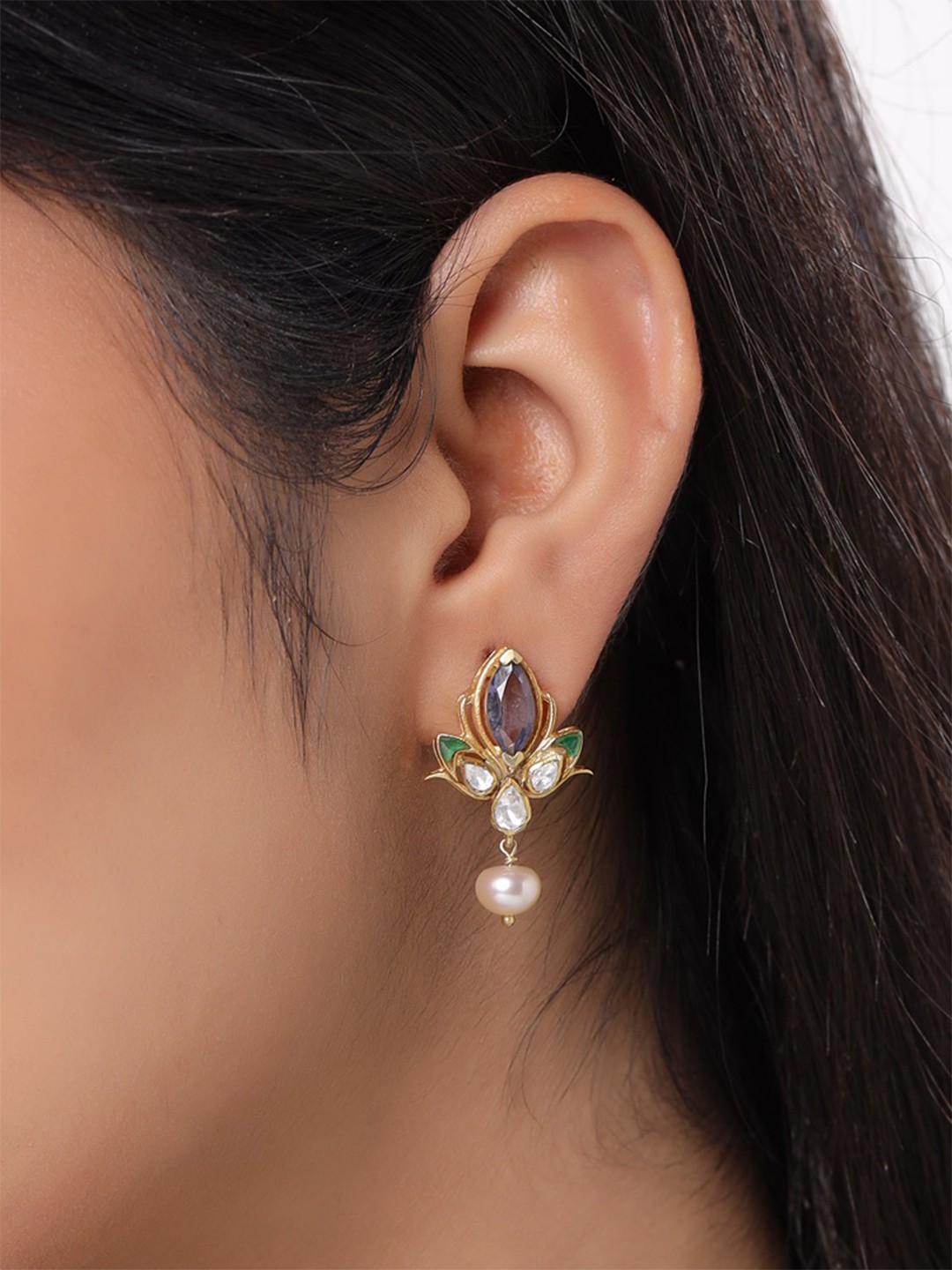

925 Sterling Silver Iolite & Polki Moissanite Studded With Pearl Stud Earring, Gold