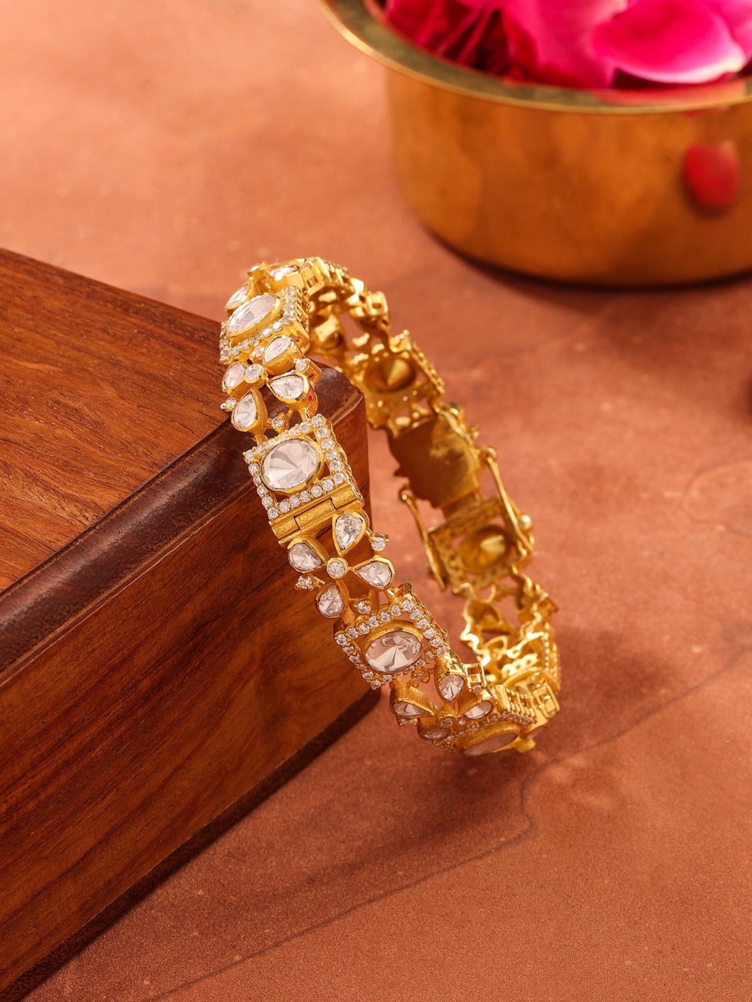 

Kicky And Perky 92.5 Sterling Silver Gold-Plated Moissanite Polki-Studded Bangle