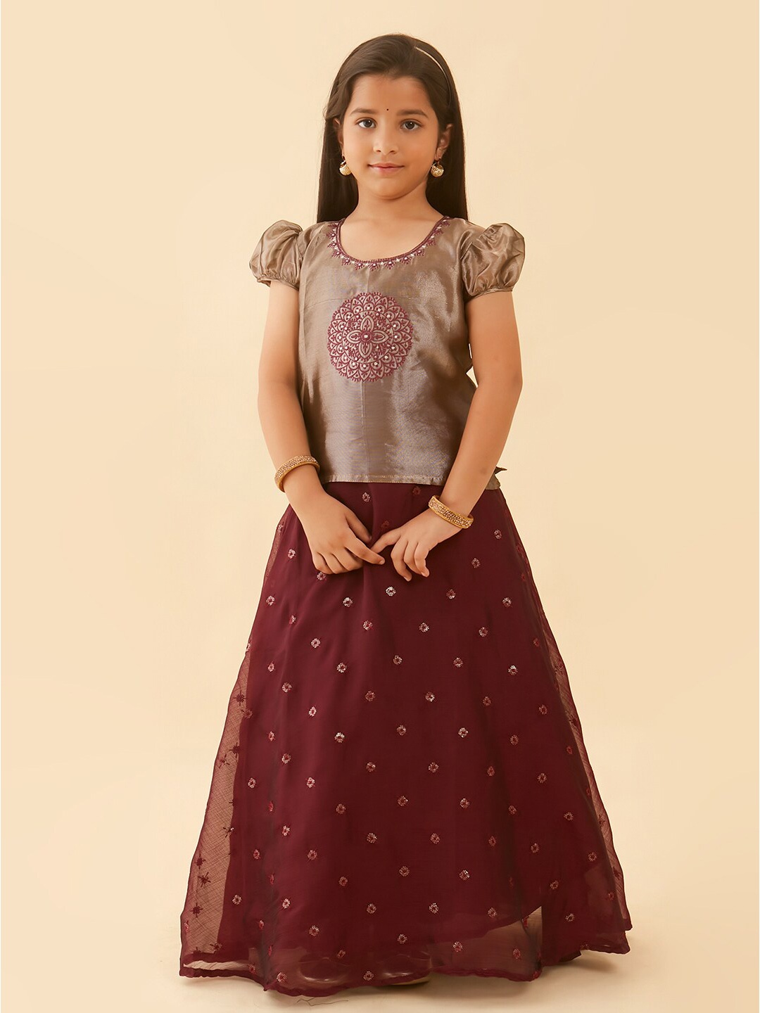 

Maybell Girls Embroidered Ready to Wear Lehenga & Blouse, Grey