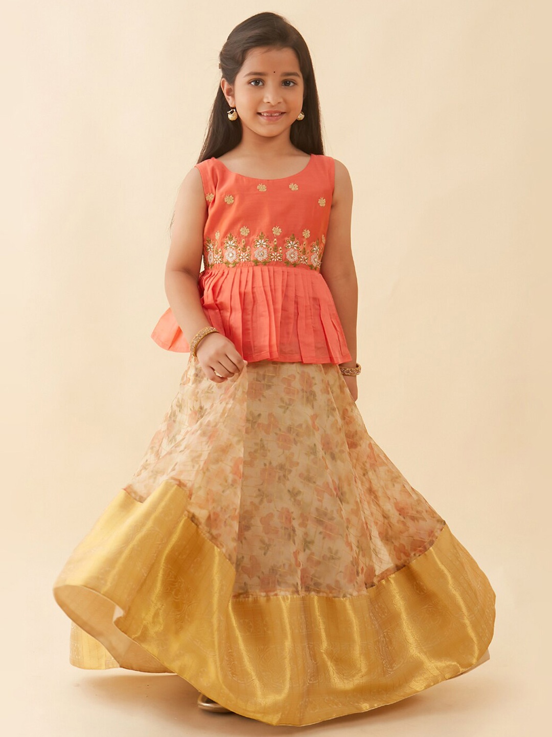 

Maybell Girls Embroidered Thread Work Ready to Wear Lehenga & Choli, Peach