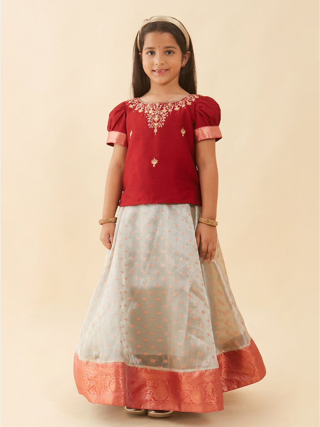 

Maybell Girls Embroidered Silk Ready to Wear Lehenga & Blouse, Red