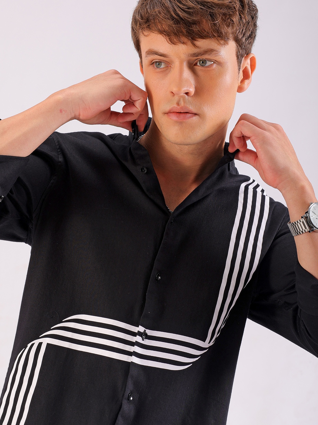 

The Indian Garage Co Slim Fit Striped Band Collar Cotton Casual Shirt, Black