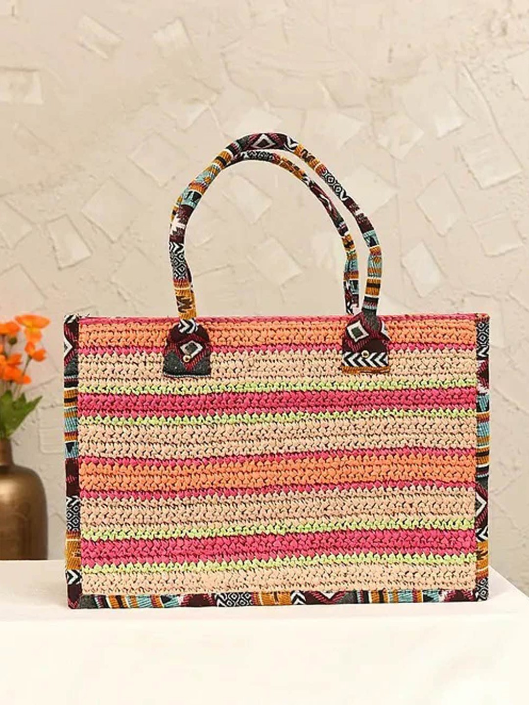 

Jalwa Art Striped Oversized Cotton Structured Handheld Bag, Beige