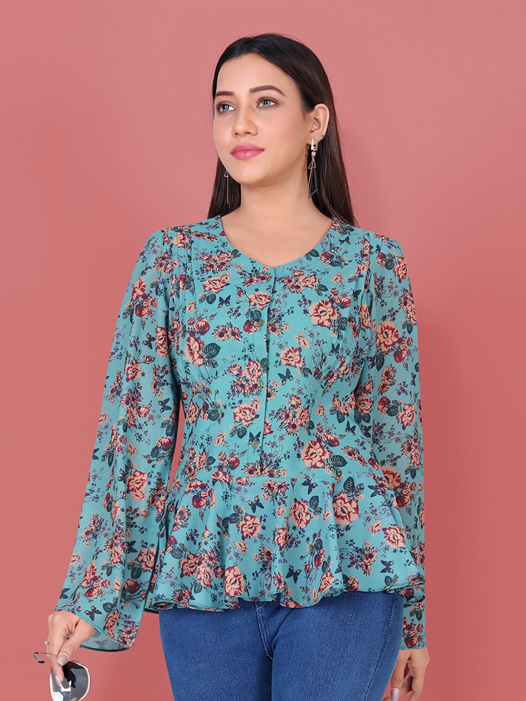 

FASHION DREAM Floral Print Georgette Peplum Top, Teal