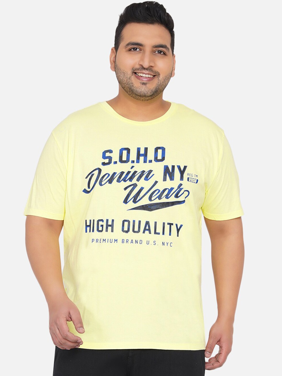 

Santonio Plus Size Typography Printed Pure Cotton T-shirt, Yellow