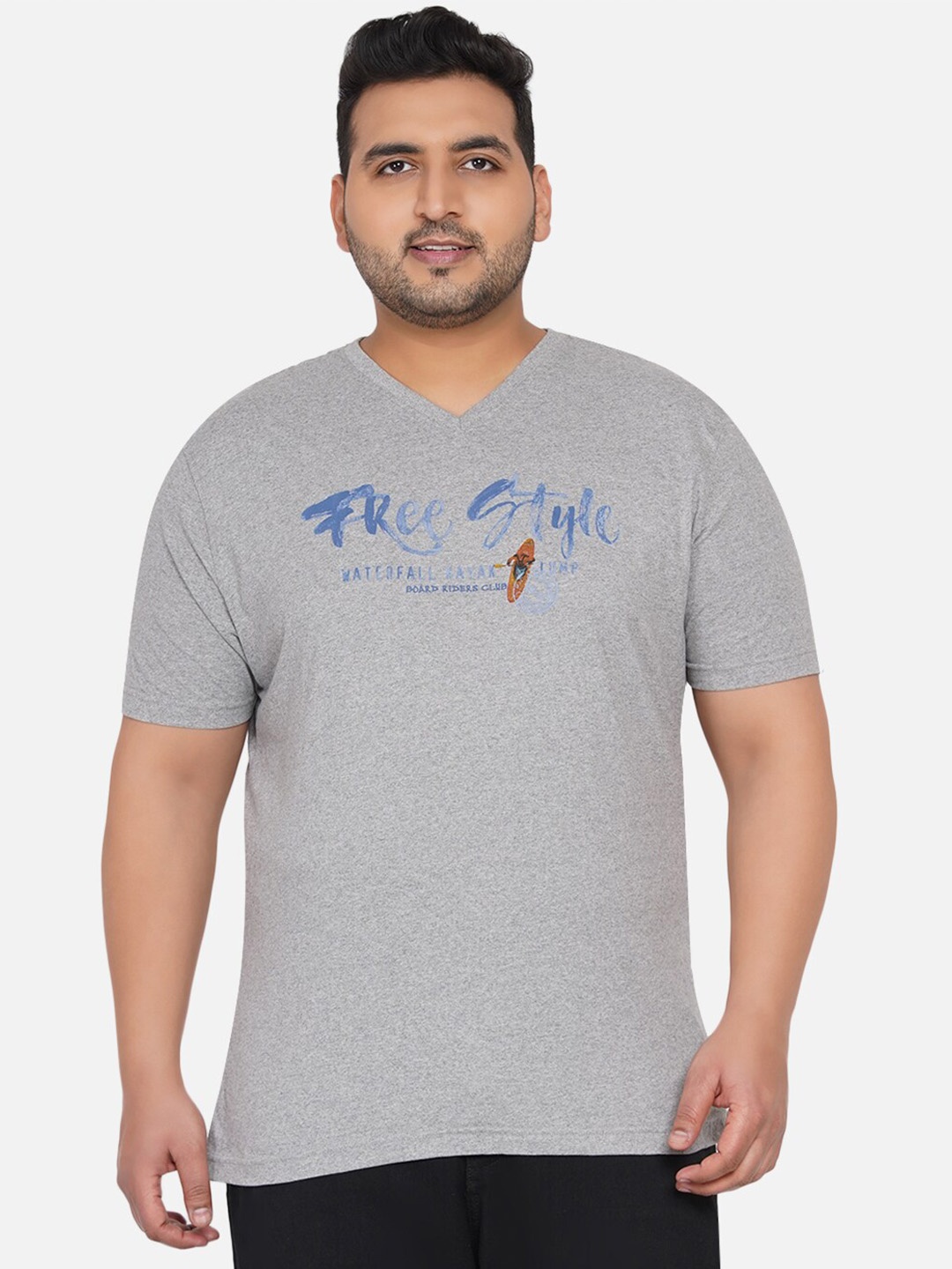 

Santonio Plus Size Graphic Printed Round Neck Pure Cotton T-shirt, Grey