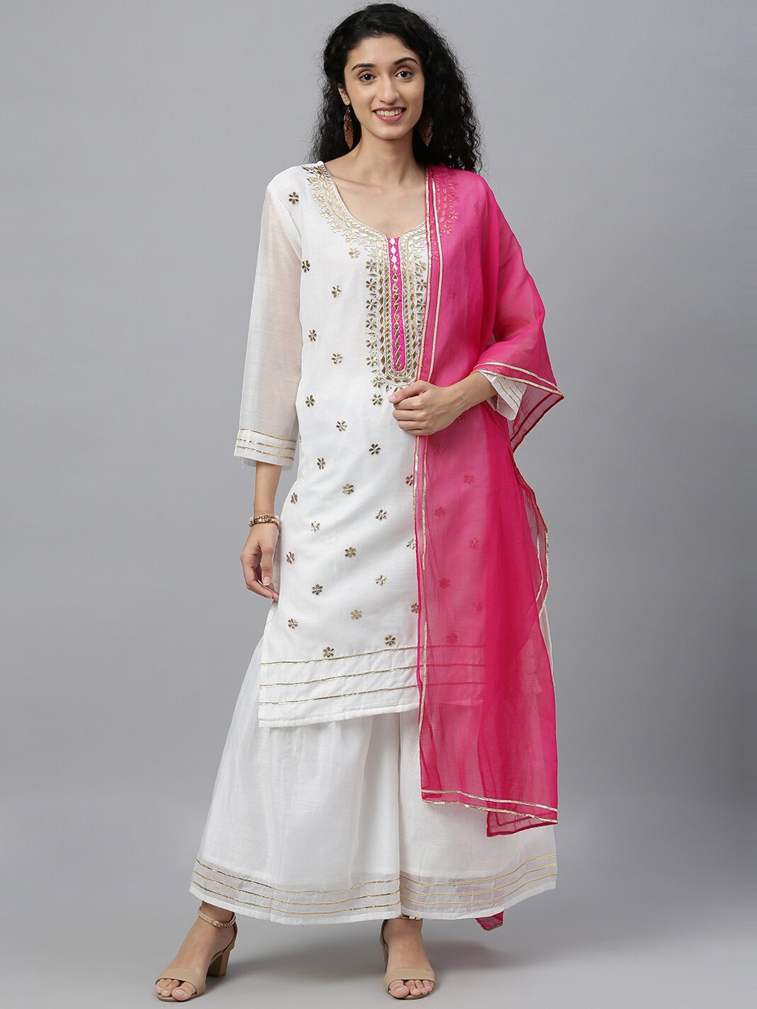 

Geroo Jaipur Ethnic Motifs Embroidered Chanderi Silk Kurta with Sharara & Dupatta, White