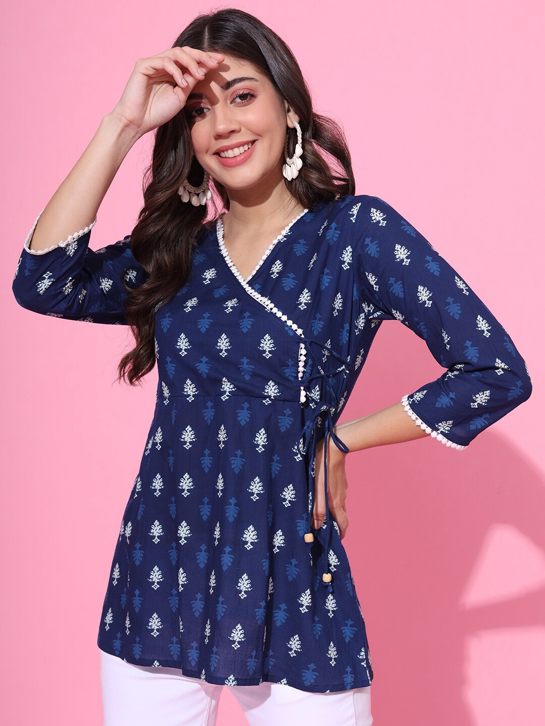 

DECKEDUP Ethnic Motifs Printed Cotton Wrap Top, Blue