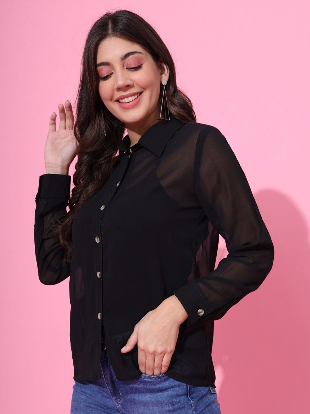 

DECKEDUP Spread Collar Georgette Shirt Style Top, Black