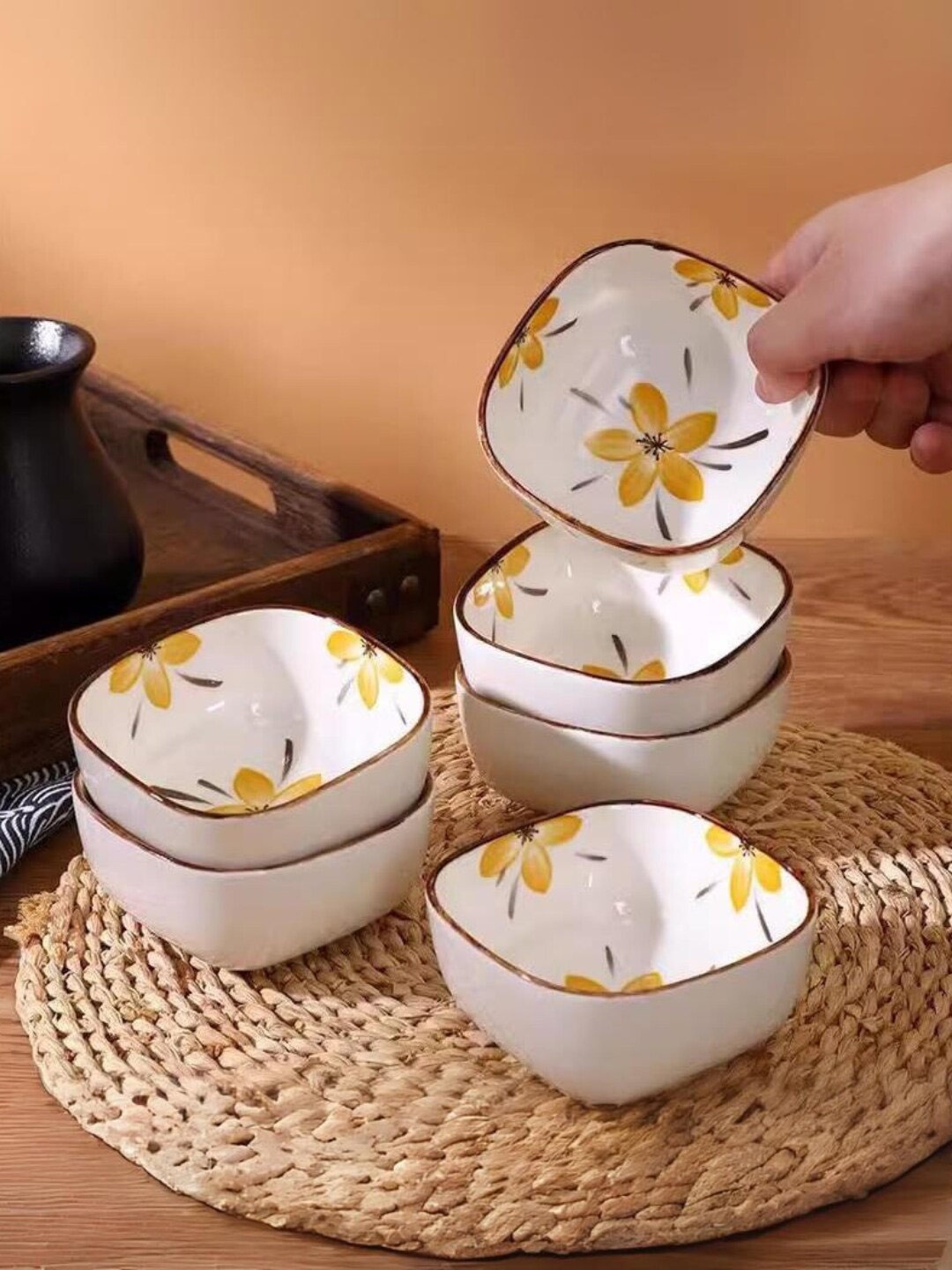 

YELONA White & Mustard Yellow 4 Pieces Floral Printed Porcelain Glossy Bowls 100 ml Each