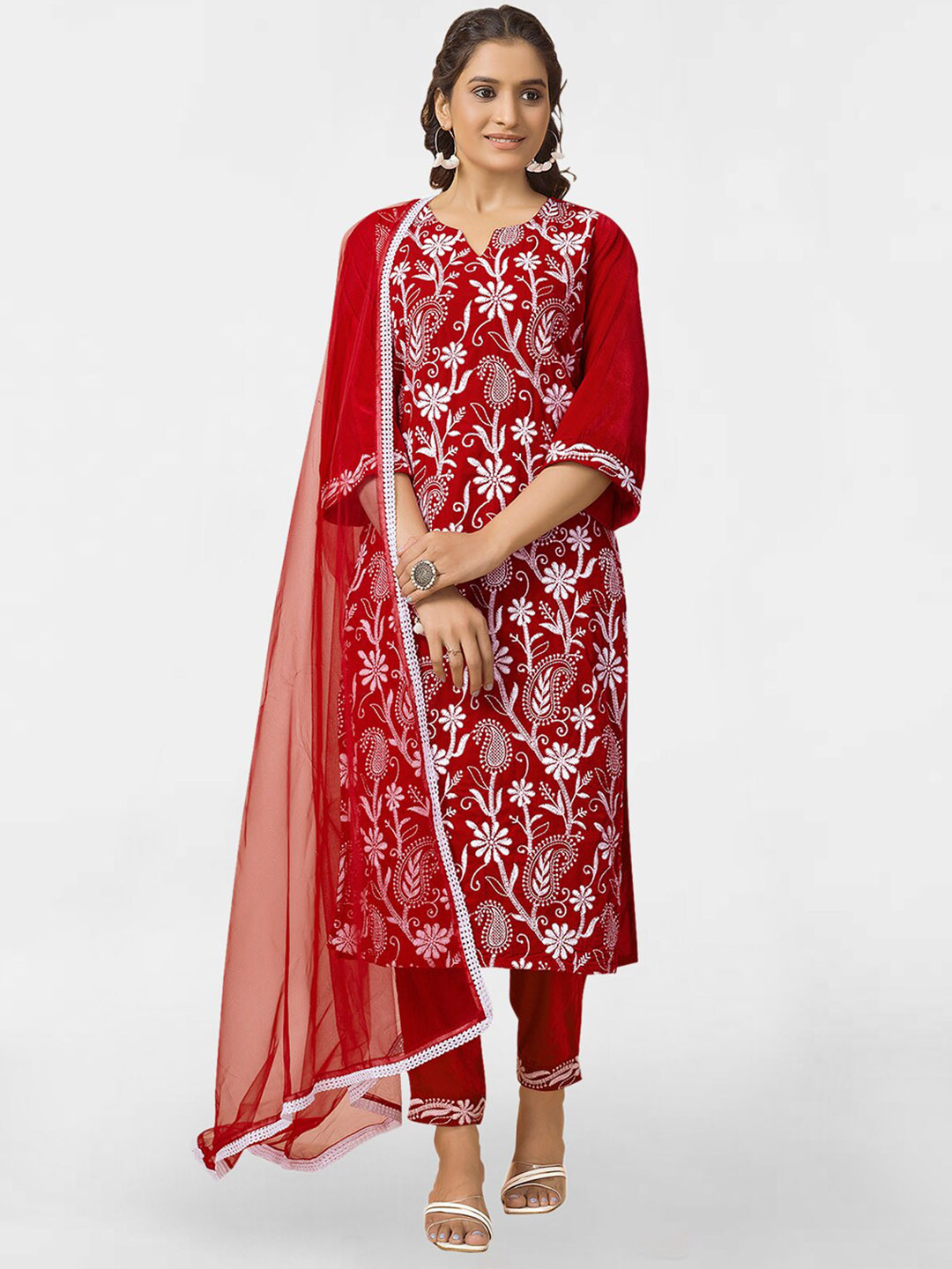 

SKYLEE Paisley Embroidered Thread Work Straight Velvet Kurta & Trousers With Dupatta, Red