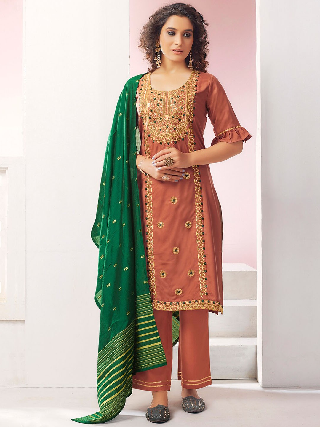 

KALINI Floral Embroidered Regular Thread Work Kurta With Trousers & Dupatta, Brown