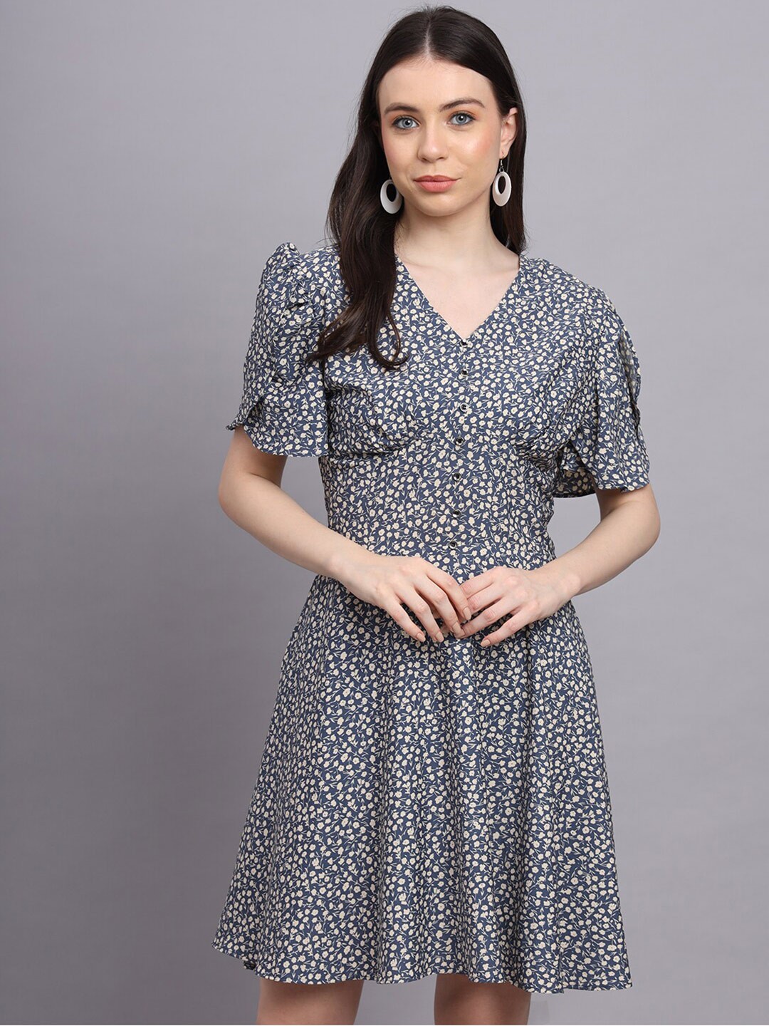 

BAESD Floral Printed V-Neck Gathered A-Line Dress, Grey