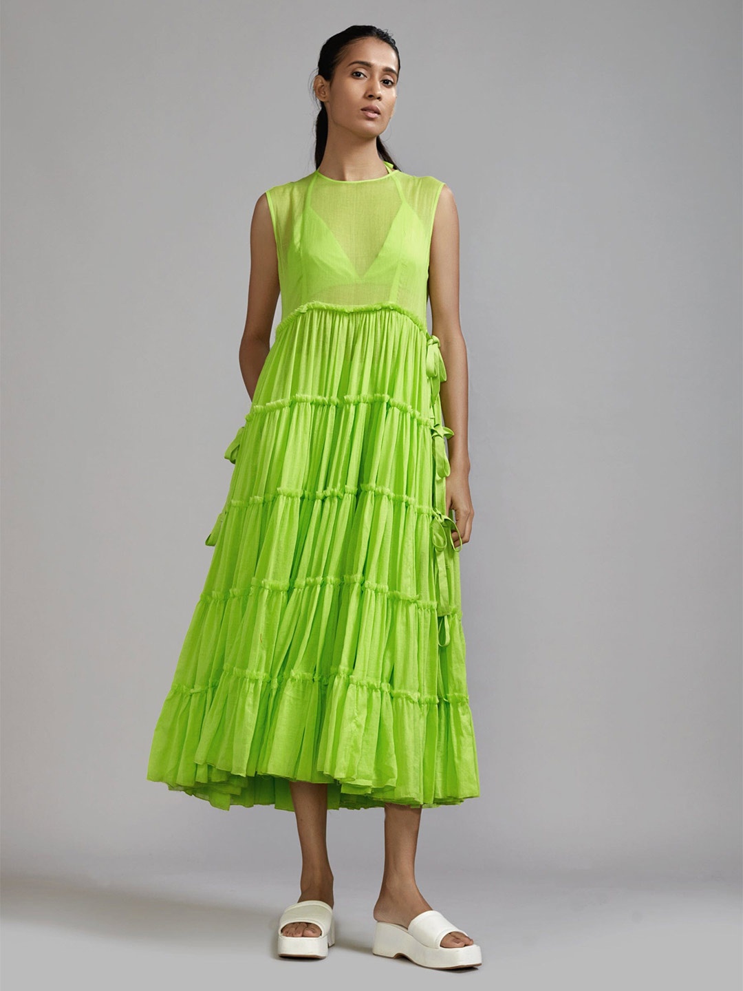 

MATI Round Neck Cotton Midi Fit & Flare Dress, Green
