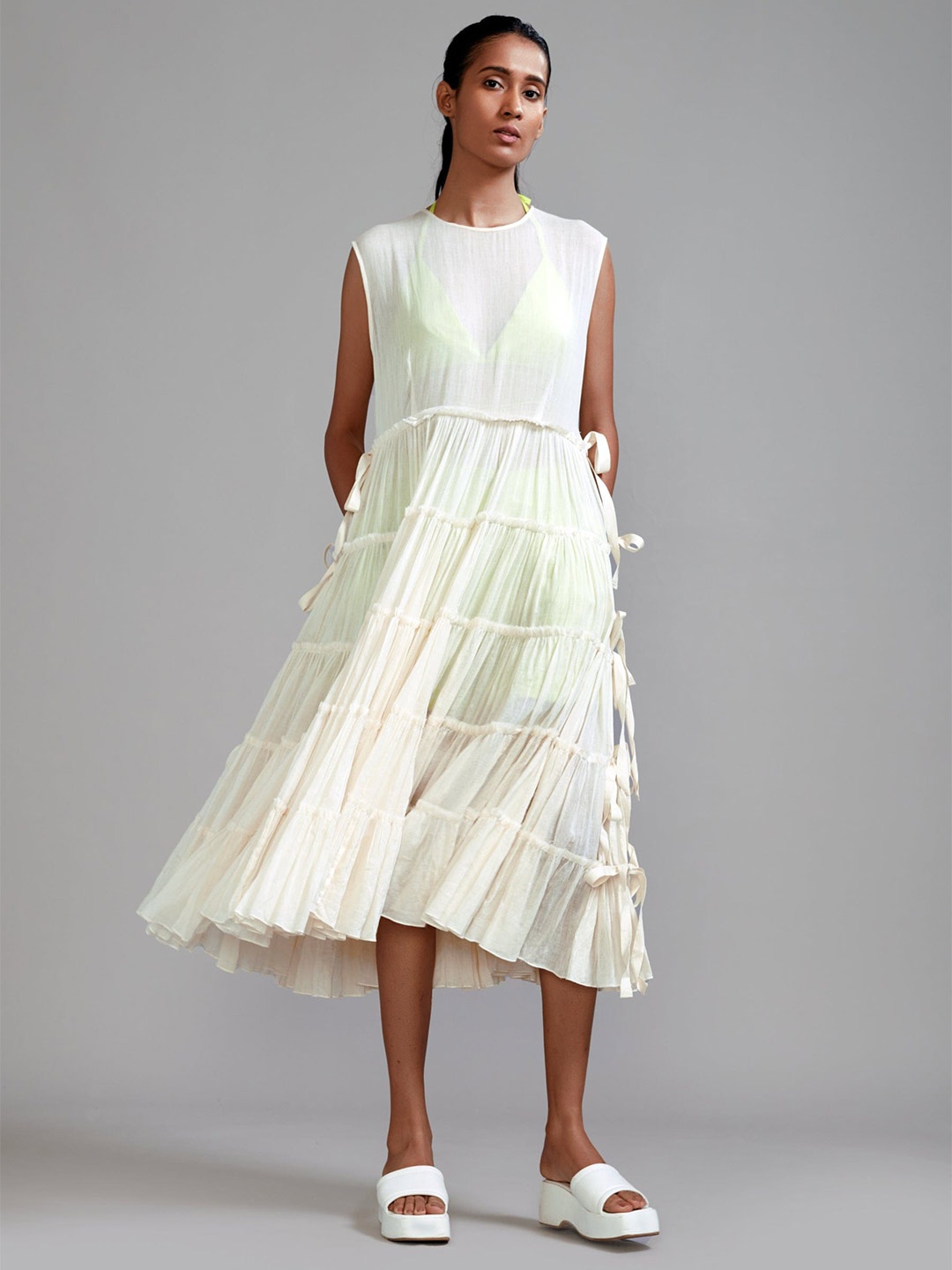 

MATI Round Neck Cotton Midi Fit & Flare Dress, Off white