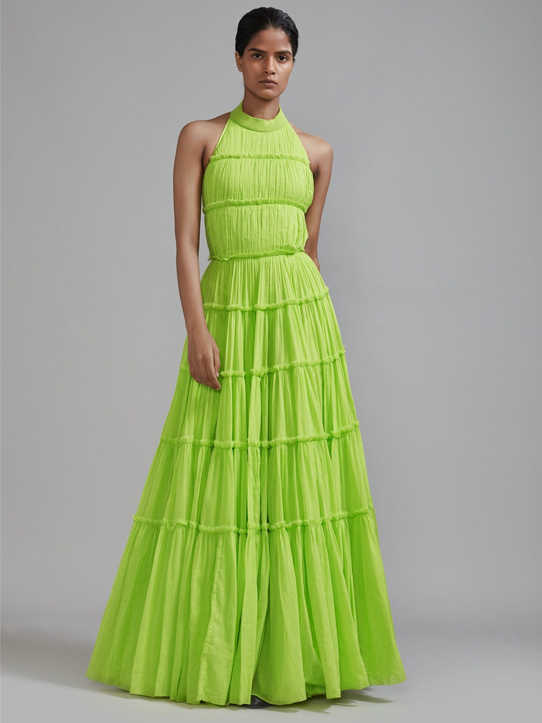 

MATI Halter Neck Sleeveless Tiered Fringed Cotton Maxi Dress, Green