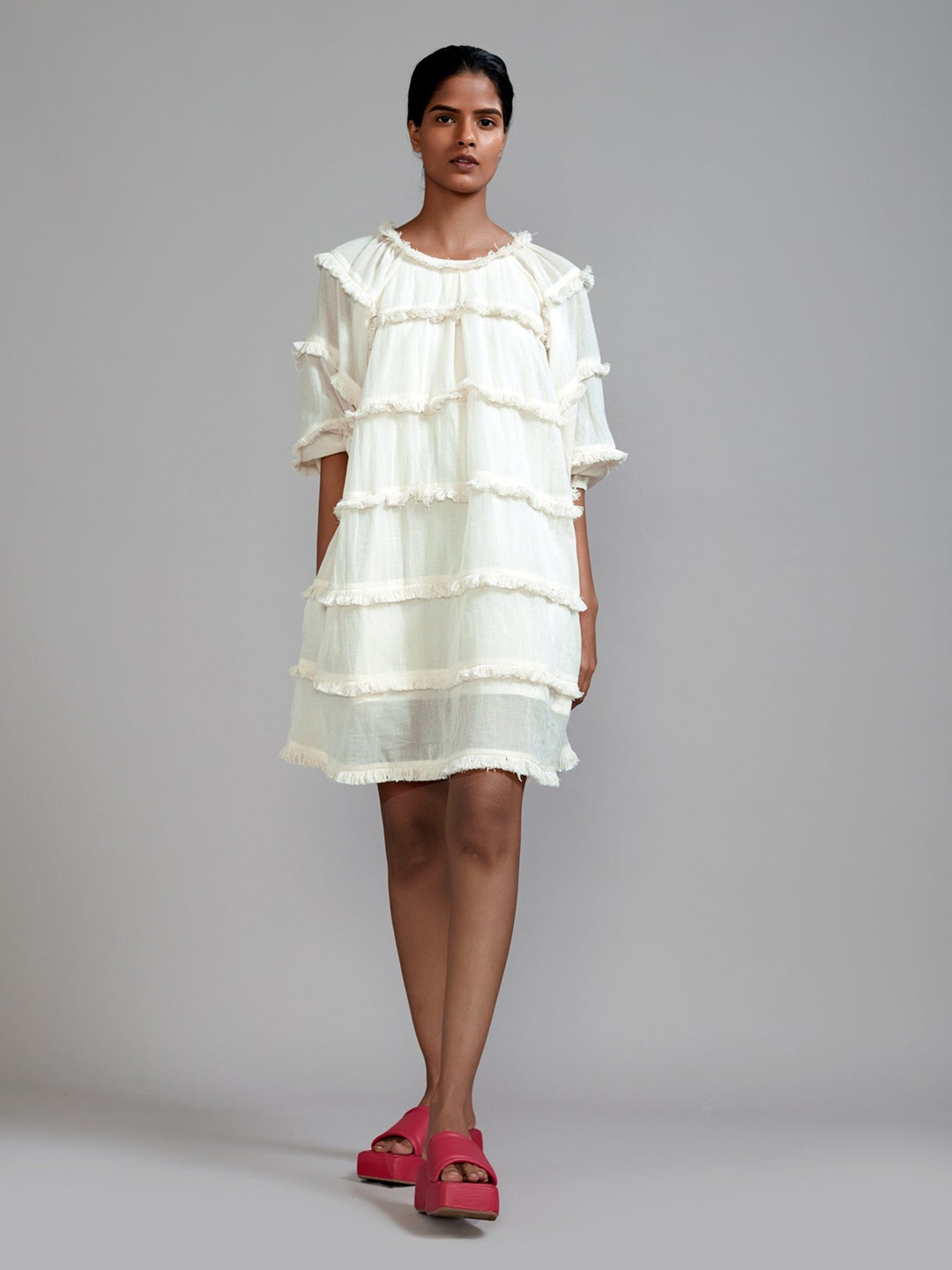 

MATI Tiered Fringed Cotton A-Line Dress, Off white