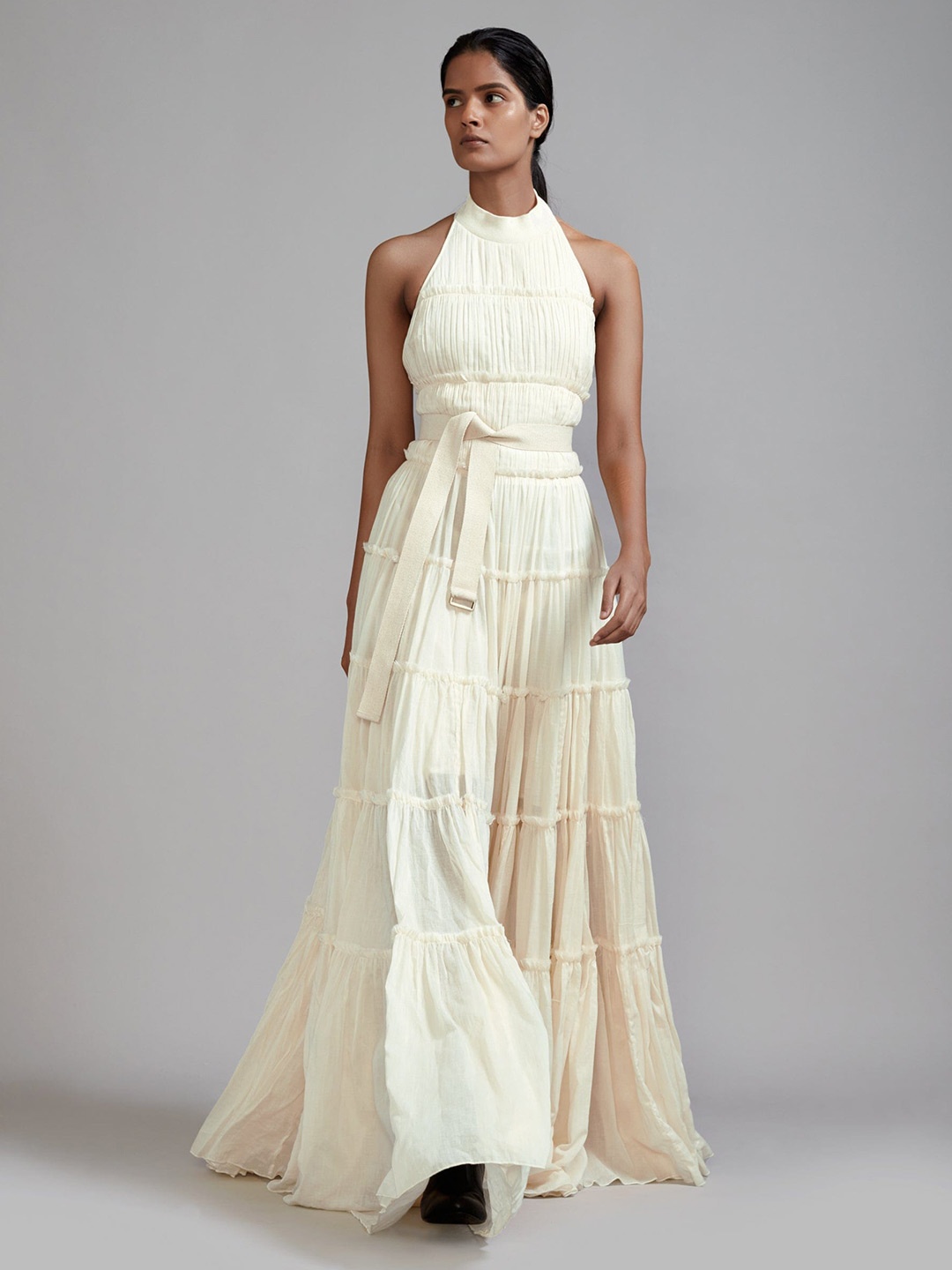 

MATI Halter Neck Sleeveless Tiered Fringed Cotton Maxi Dress, Off white