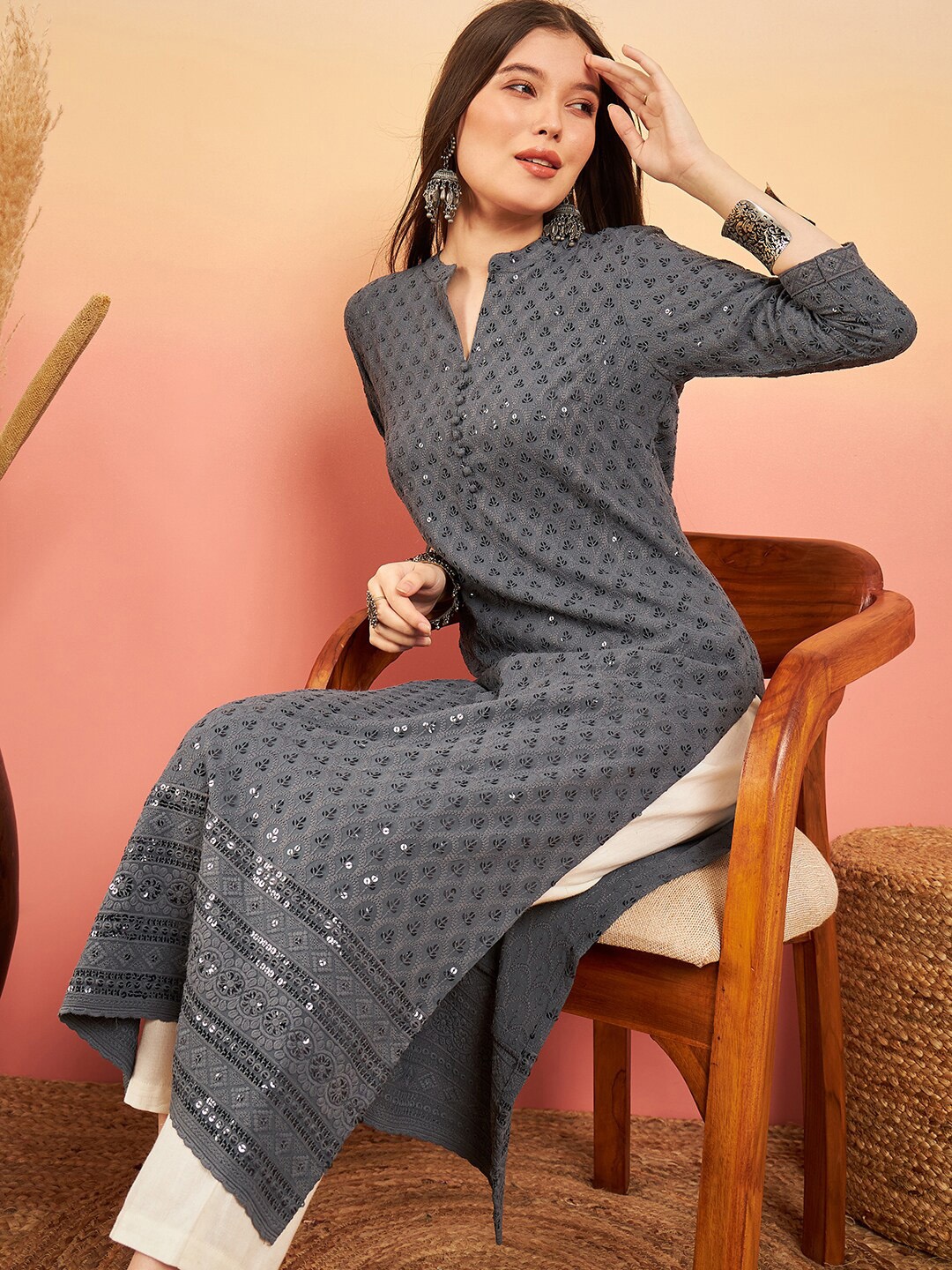 

Sangria Grey Ethnic Motifs Embroidered Sequinned Straight Kurta
