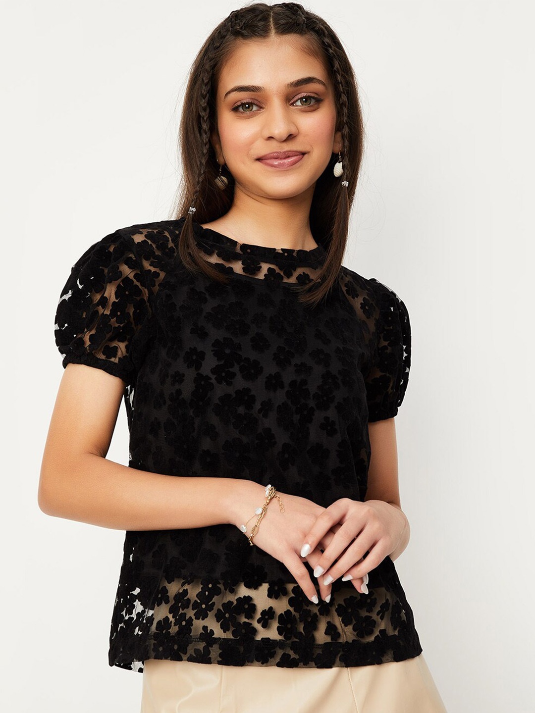 

max Self Design Puff Sleeve Top, Black