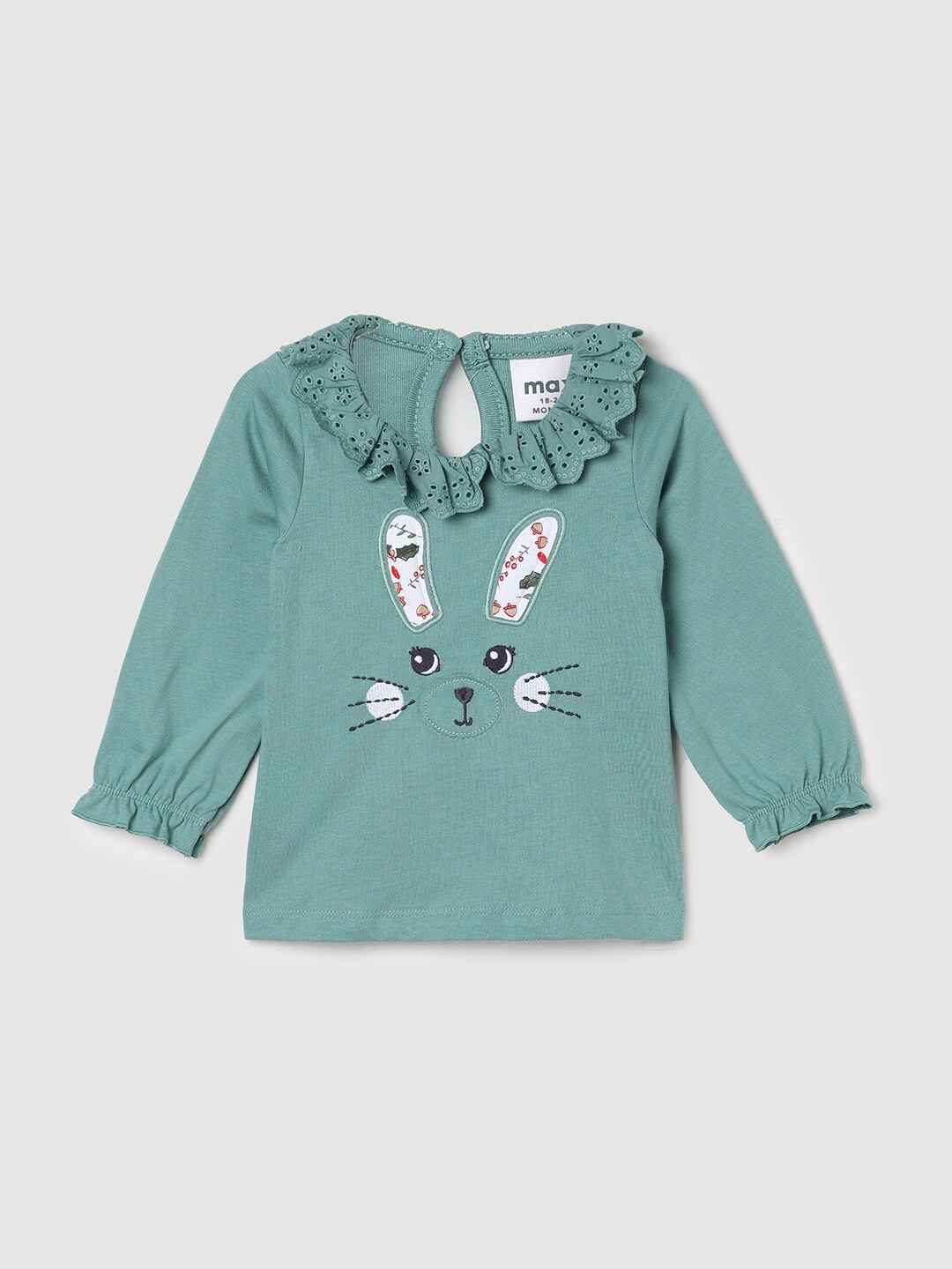 

max Girls Self Design Schiffli Cuffed Sleeves Cotton Regular Top, Green