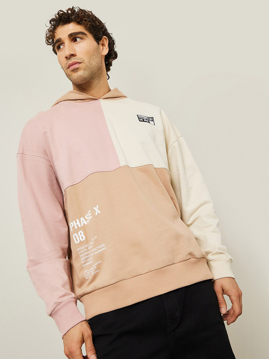 

Styli Oversized Colorblock Fleece Hoodie with Woven Badge, Beige