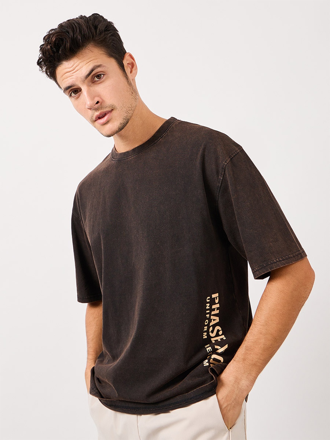 

Styli Black Typography Printed Acid Wash Compact Jersey Cotton Oversized T-shirt