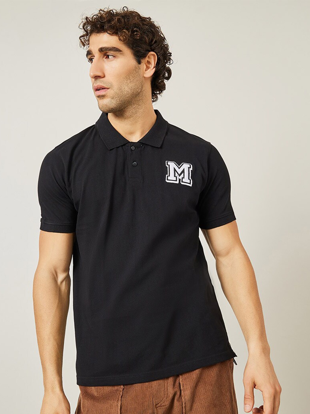 

Styli Black Regular Fit Premium Cotton Pique Polo with Badge Applique