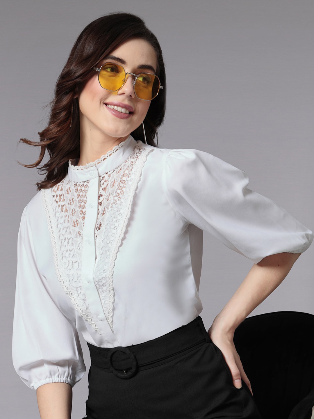 

Style Quotient Band Collar Puff Sleeves Lace-Up Shirt Style Top, White