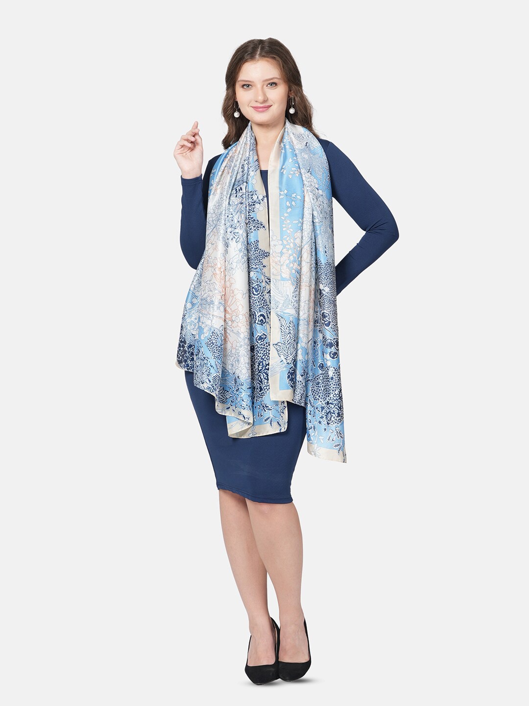 MUFFLY Floral Printed Lightweight Scarf With Hanger, Blue
