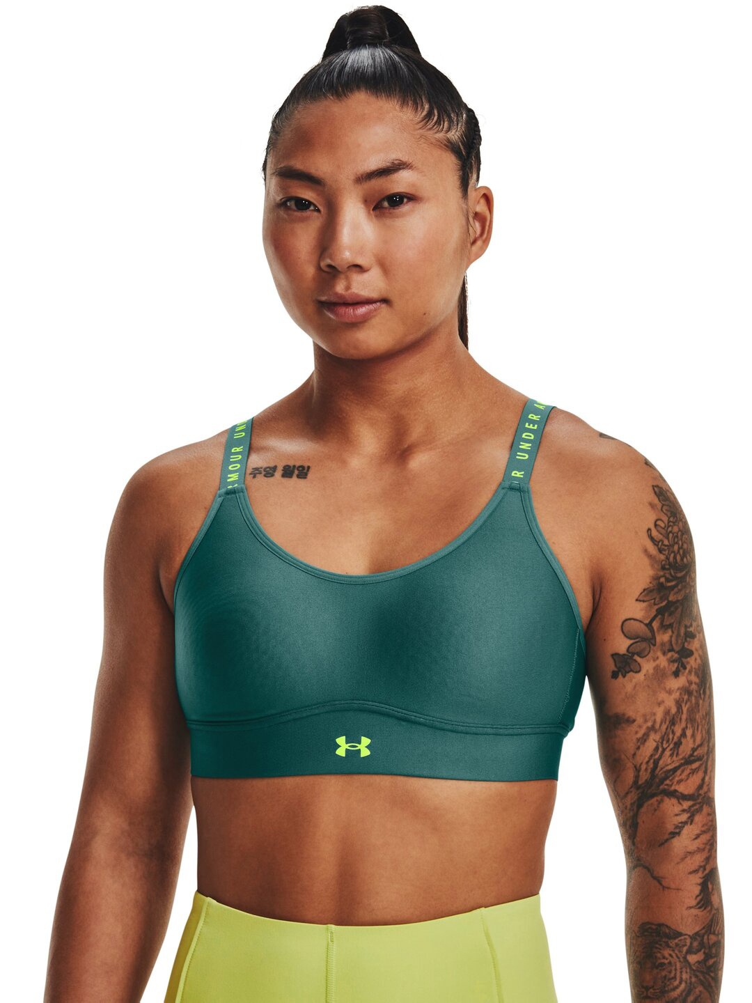 

UNDER ARMOUR UA Infinity Typography Printed Full Coverage Lightly Padded Sports Bra, Green