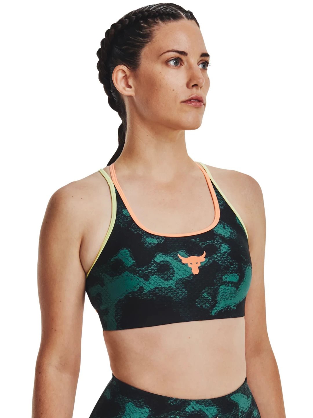 

UNDER ARMOUR Project Rock Crossback Printed Full Coverage Lightly Padded Sports Bra, Green