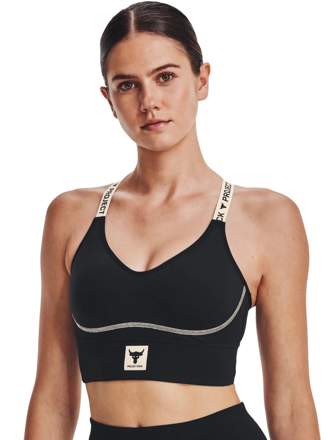 

UNDER ARMOUR UA Project Rock Infinity Typography Full Coverage Lightly Padded Sports Bra, Black