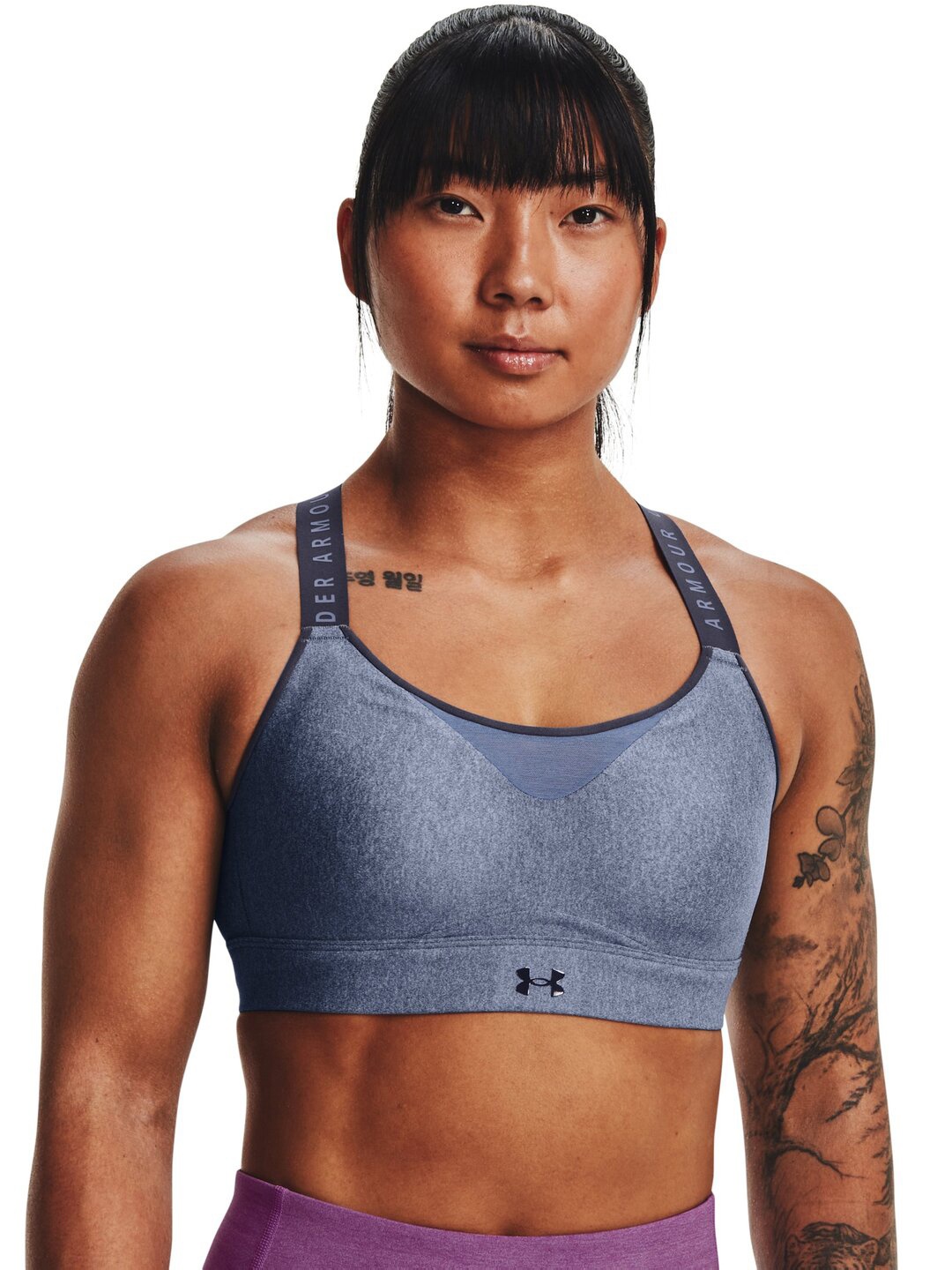 

UNDER ARMOUR UA Infinity Typography Printed Full Coverage Lightly Padded Sports Bra, Purple