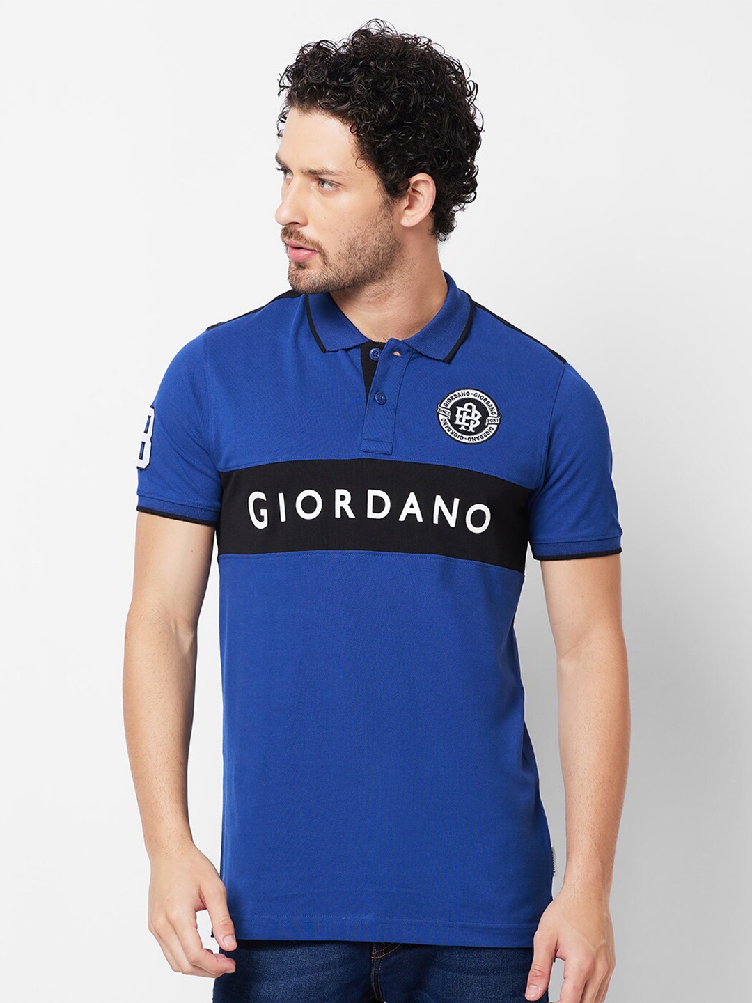 

GIORDANO Typography Printed Polo Collar Applique Slim Fit T-shirt, Blue