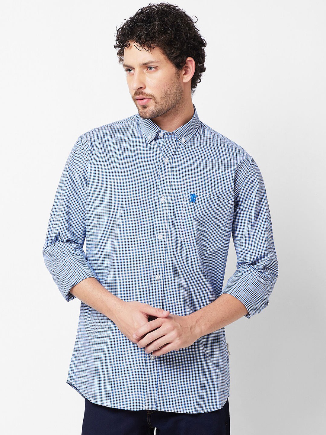 

GIORDANO Slim Fit Micro Checked Button-Down Collar Casual Shirt, Blue