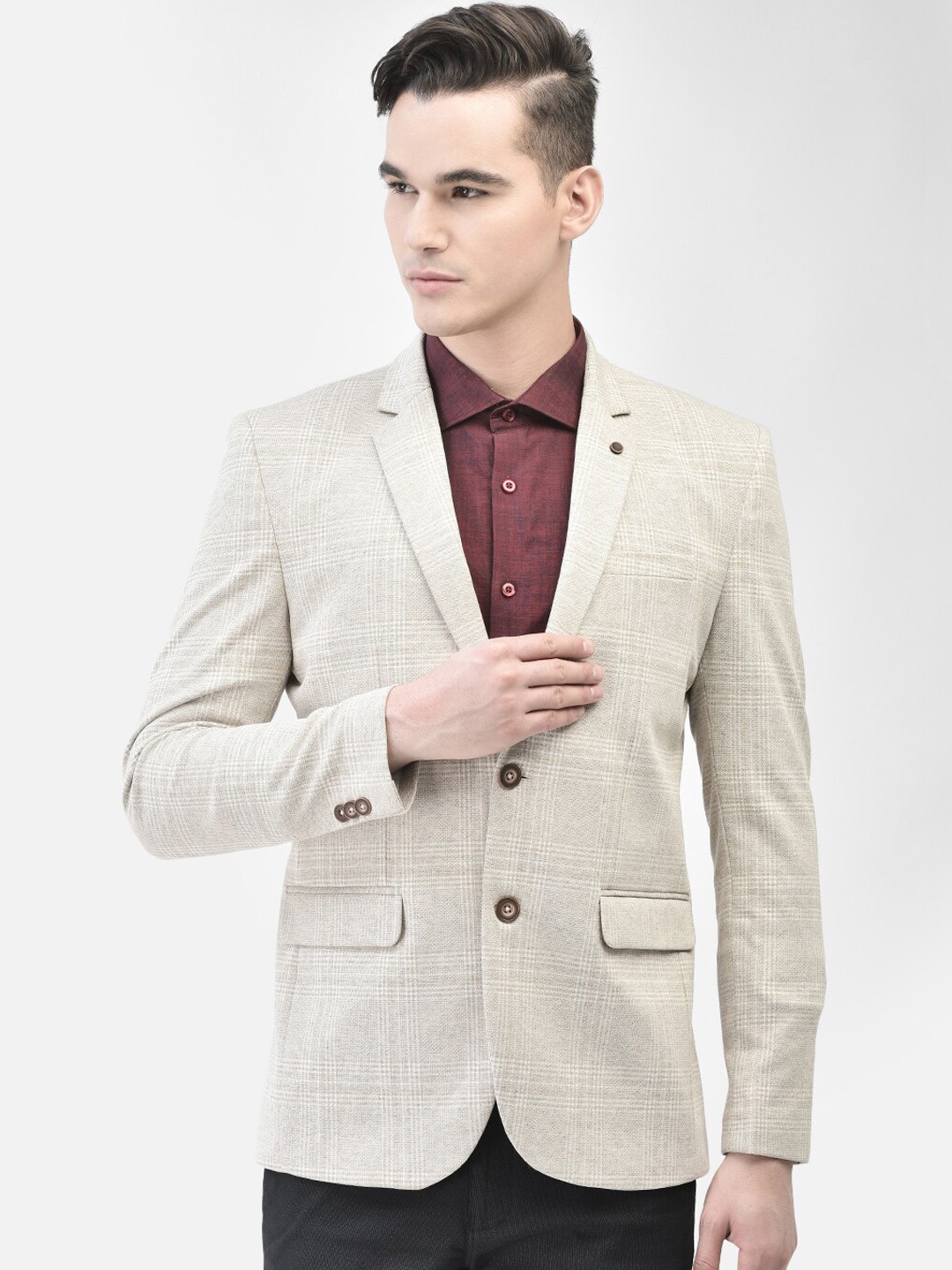 

Crimsoune Club Checked Single-Breasted Slim Fit Blazer, Beige