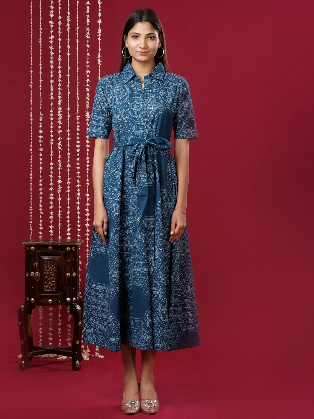 

mokshi Ethnic Motifs Printed Tie Ups Cotton A Line Midi Dress, Blue