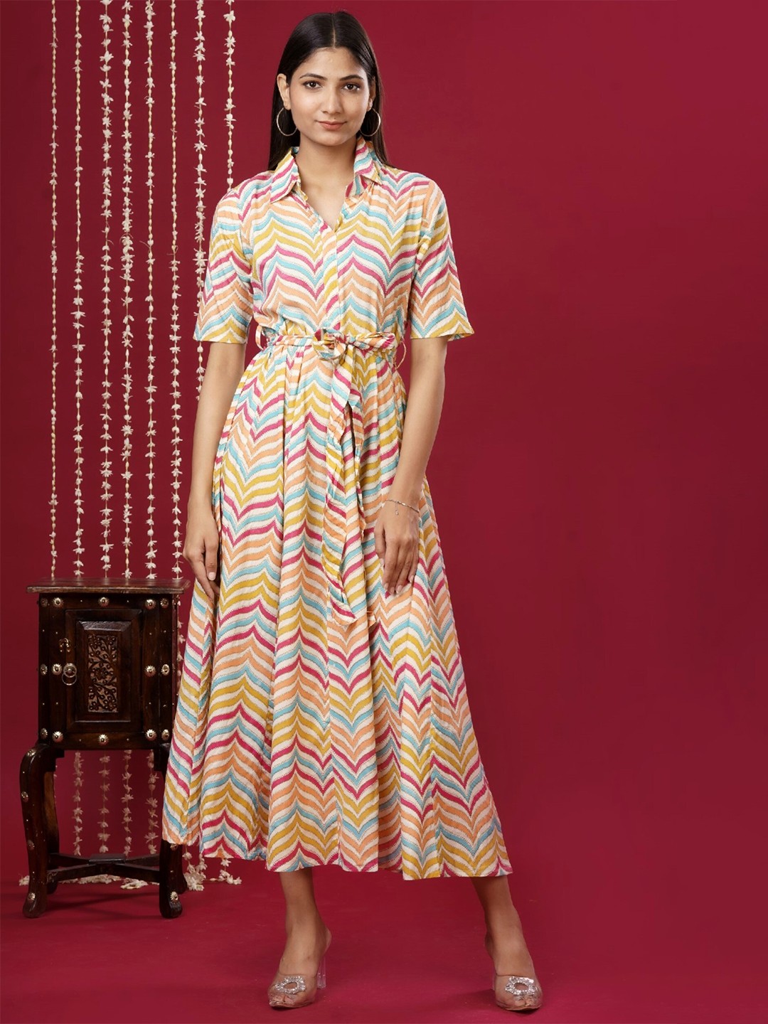 

mokshi Abstract Printed Tie Ups Maxi Dress, Peach