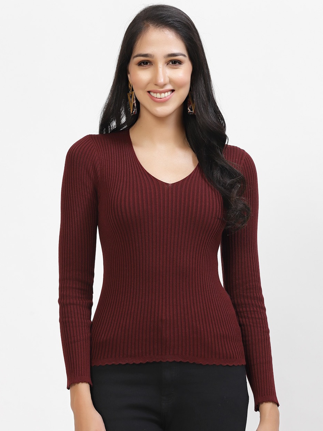 

Kalt Ribbed V-Neck Cotton Fitted Top, Maroon